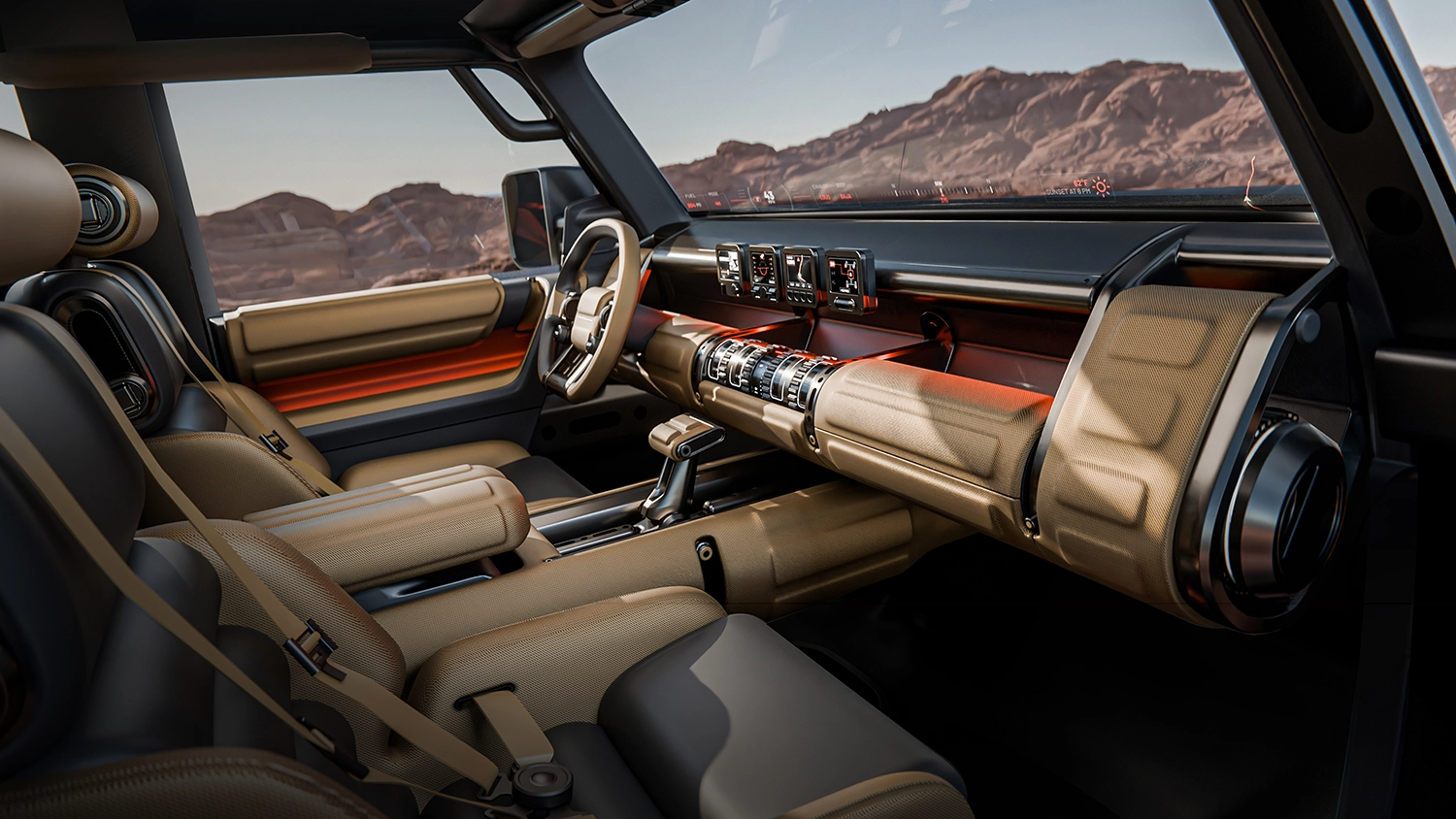 Interior dashboard of the Hyundai Boulder Concept featuring tan materials and physical switchgear.