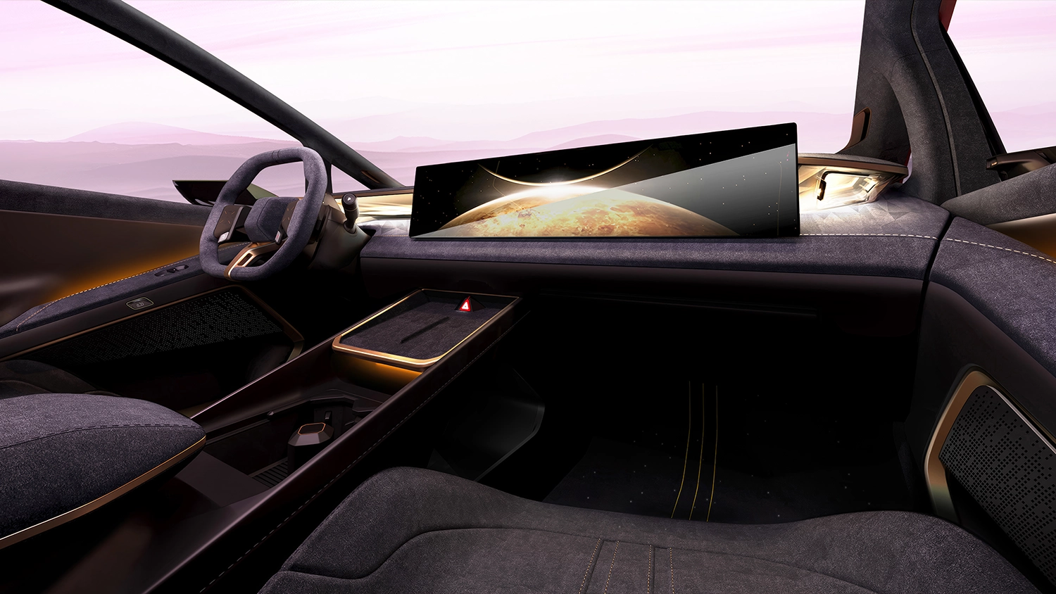 Interior cockpit of the Hyundai VENUS concept featuring a wide digital display, suede materials, and gold accents.