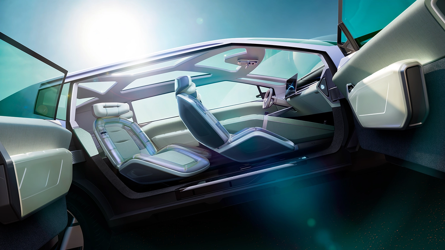 Interior of the Hyundai EARTH concept SUV showcasing the "air-hug" seats and a transparent, airy cabin design.
