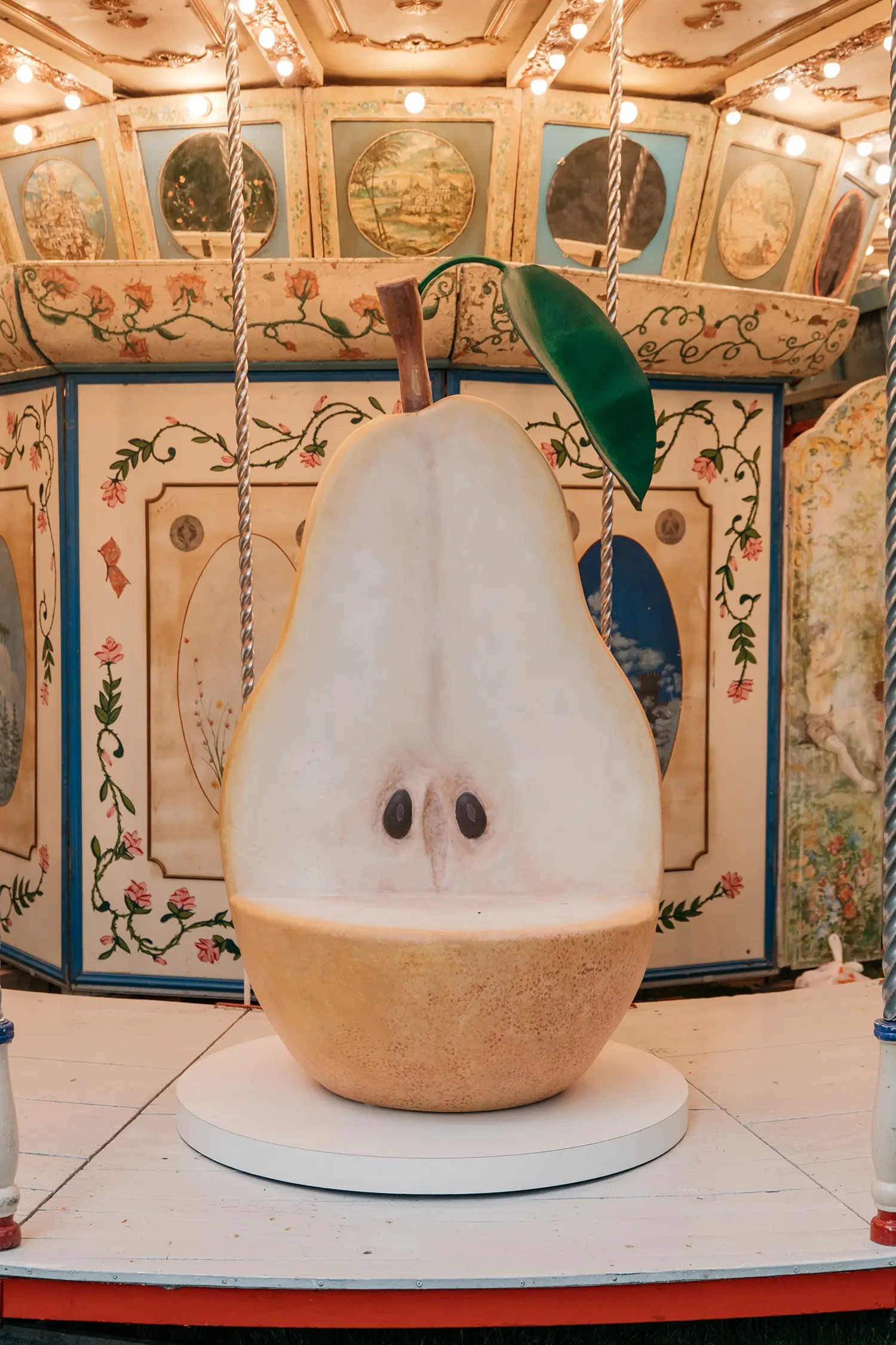 High-detail shot of the pear seat interior showing the seeds and textured core.