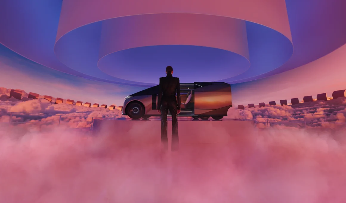 Silhouette of a person standing before the Lexus LS Concept car in a mist-filled installation with circular overhead light.
