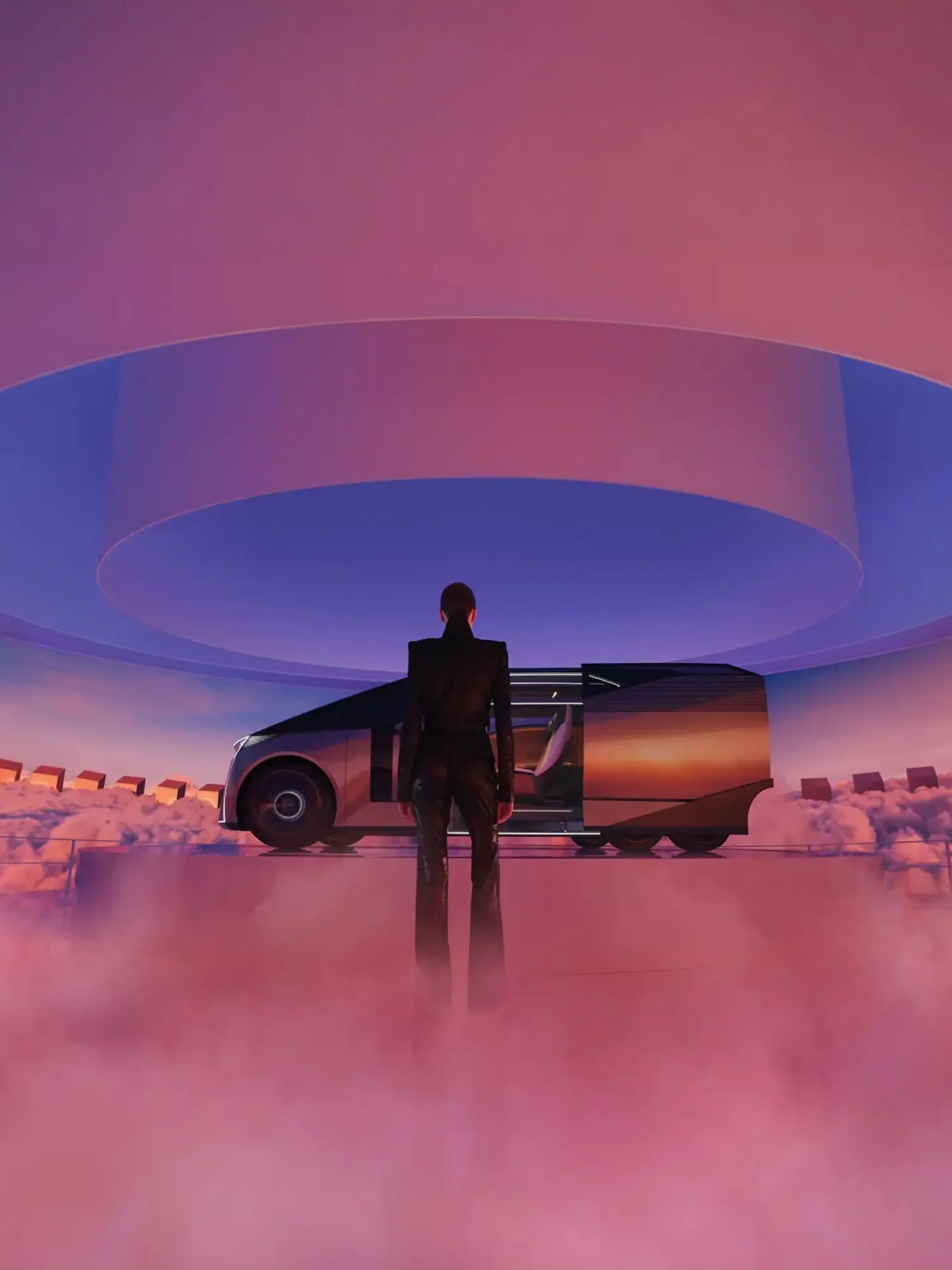 Silhouette of a person standing in a misty, atmospheric light installation by Lexus at Superstudio Più during Milan Design Week 2026.