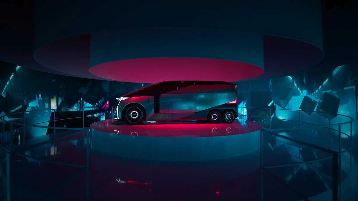 Side profile of the Lexus LS Concept car on a circular glowing red platform in a dark, tech-inspired environment.