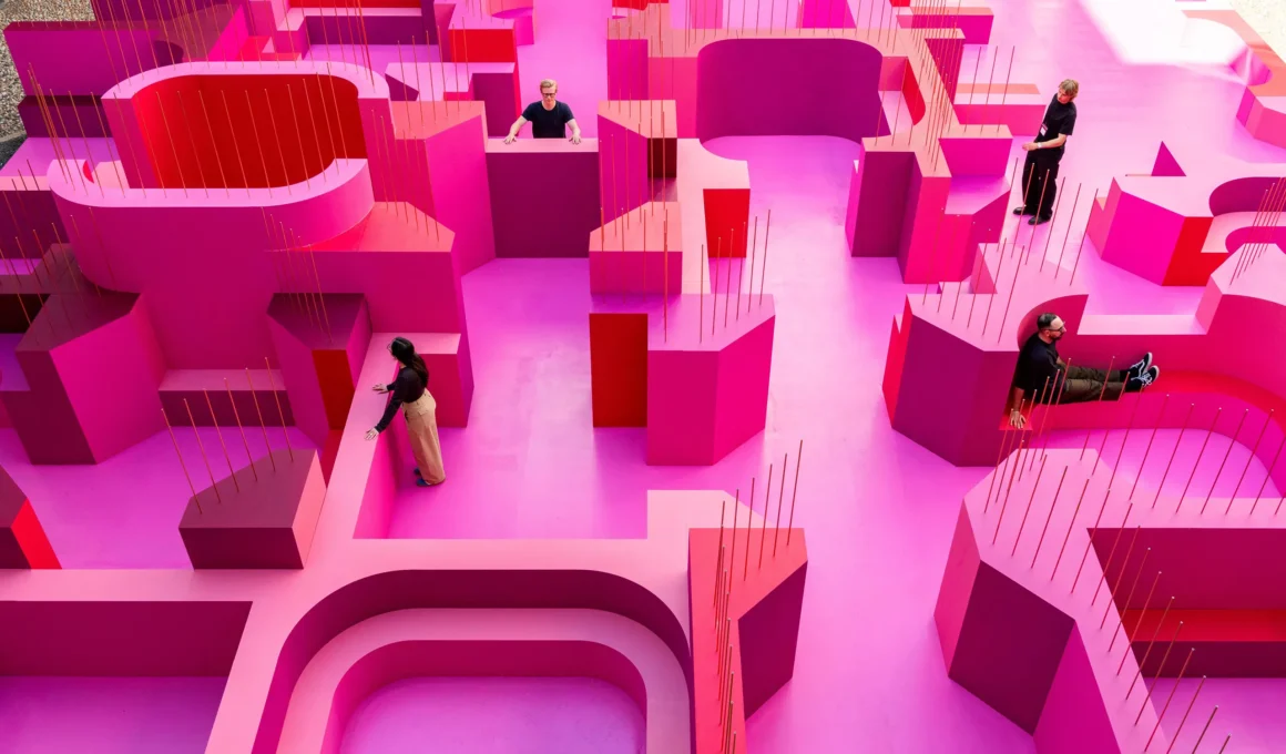 Top view of the Pink Labyrinth by Lina Ghotmeh at Palazzo Litta, Milan Design Week 2026.