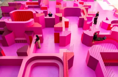 Top view of the Pink Labyrinth by Lina Ghotmeh at Palazzo Litta, Milan Design Week 2026.