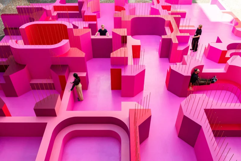 Top view of the Pink Labyrinth by Lina Ghotmeh at Palazzo Litta, Milan Design Week 2026.