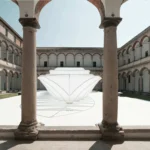 Front view of the UN_Material installation by Piero Lissoni showing the white fabric yacht silhouette framed by the arches of the University of Milan.