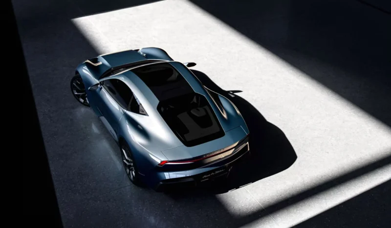 Top-down view of the Lynk & Co GT concept in Apex Blue, showcasing the glass roof and streamlined aerodynamic silhouette.