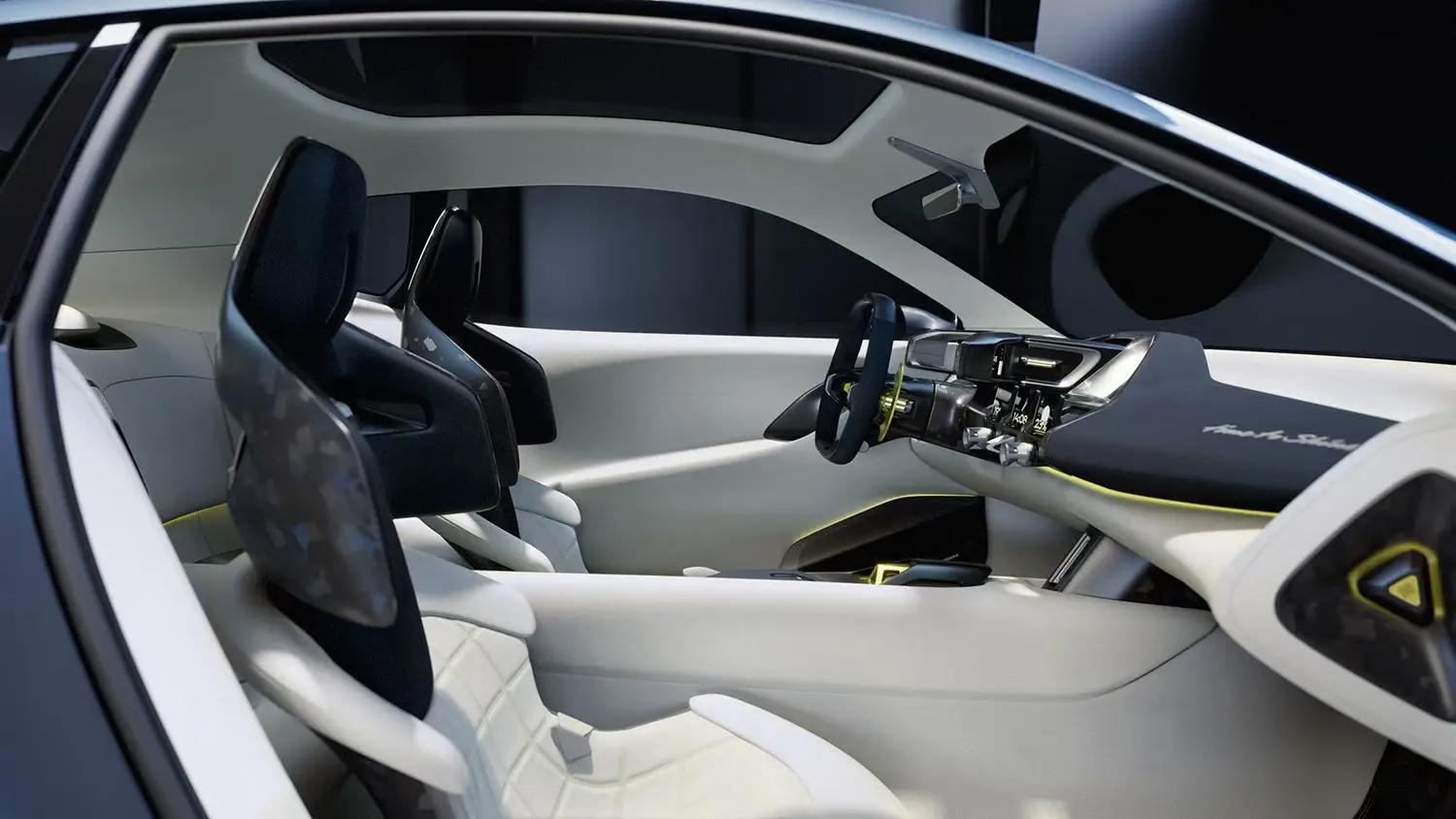 Interior view of the 2+2 cabin featuring White Digital Shimmer leather seats and a driver-focused dashboard.