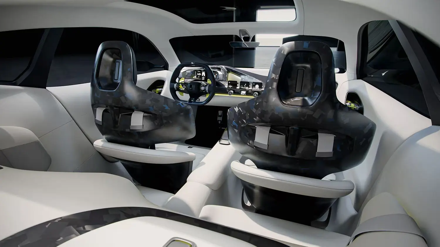 View from the rear seats showing hand-inlaid Textreme 360 carbon fibre shimmering on the seatbacks.