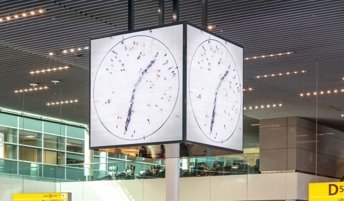 Large cubic digital clock suspended from the ceiling in Schiphol Lounge 1, displaying a top-down video of people forming clock hands.