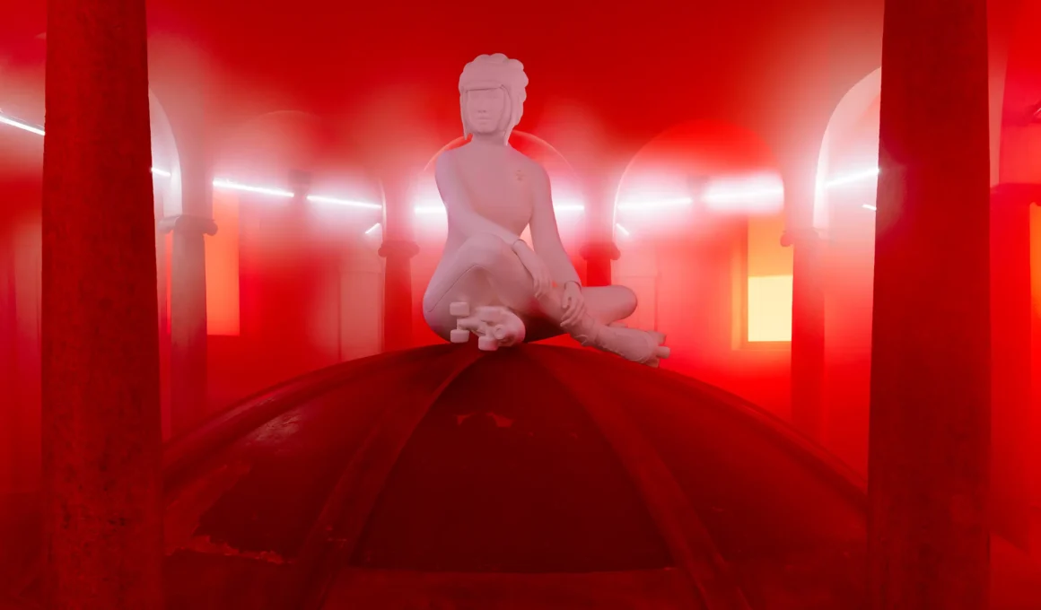 A white humanoid sculpture sitting on a dark dome within a red-lit circular hall.