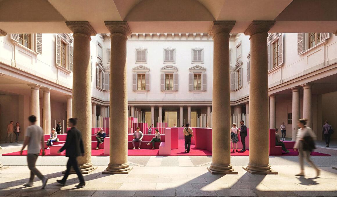 Rendering of Lina Ghotmeh's pink labyrinth installation at Palazzo Litta for Milan Design Week 2026 Fuorisalone
