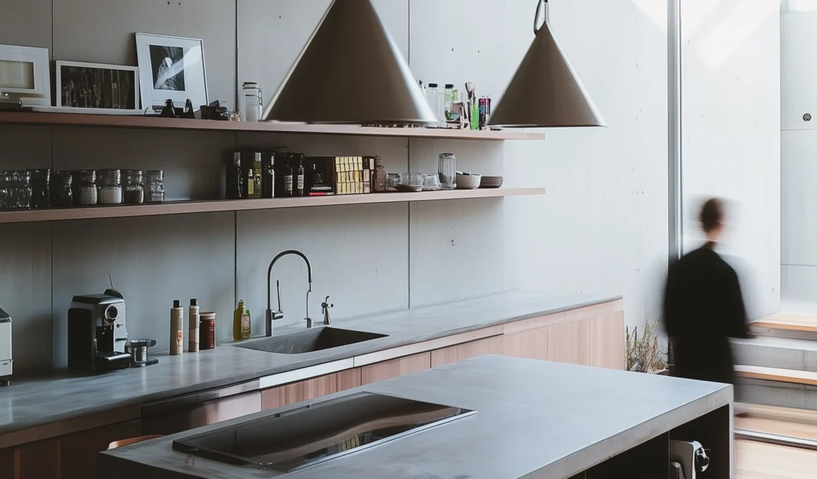 Wide angle shot of a modernist kitchen with concrete walls, two identical conical pendant lights, and a blurred human figure by the stairs.