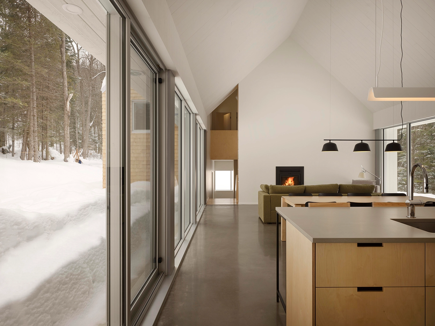 Minimalist kitchen and dining area with expansive glass walls looking out onto a snow-covered forest.
