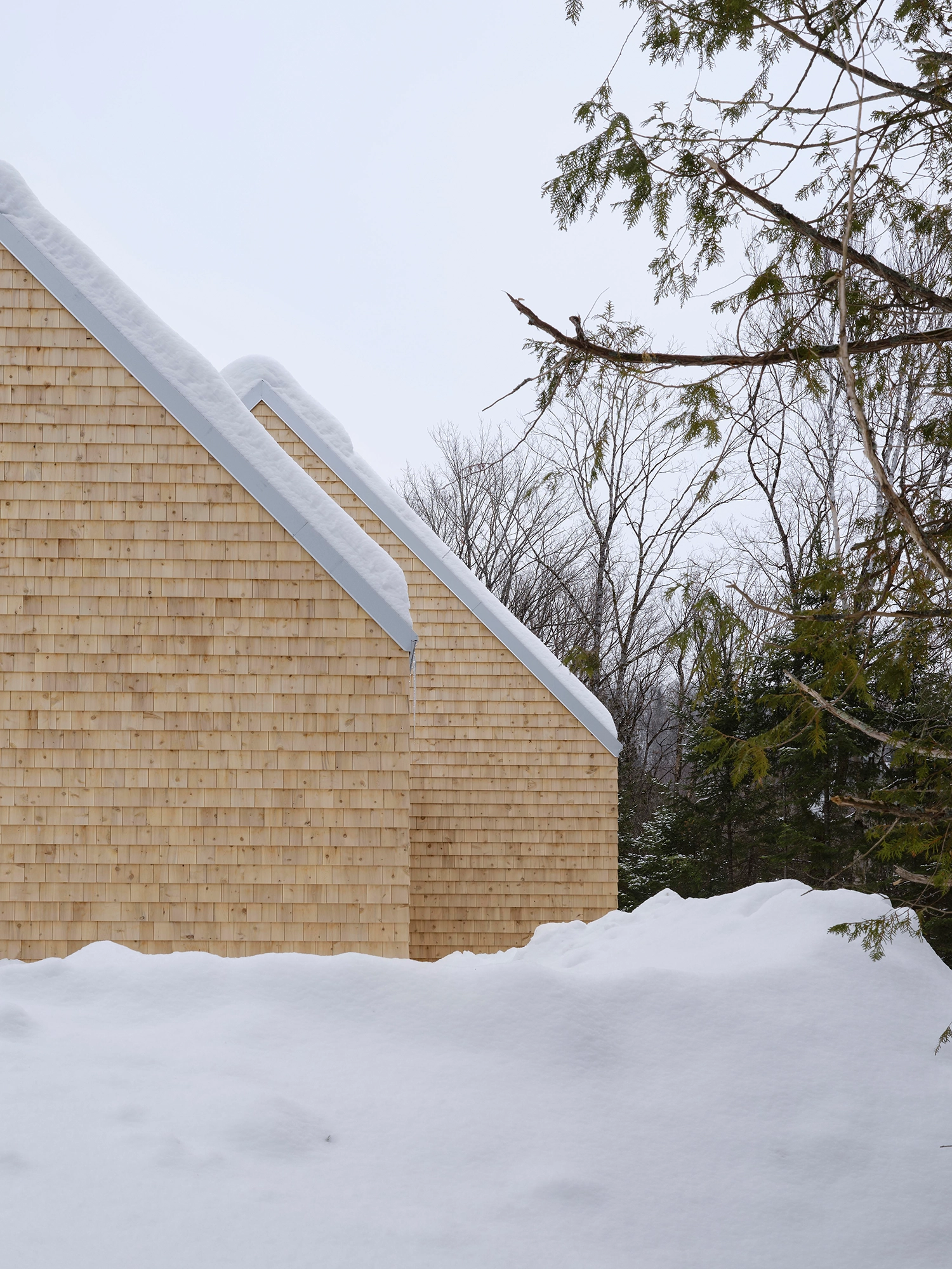 Detail of two overlapping gable rooflines covered in thick snow against a winter sky.