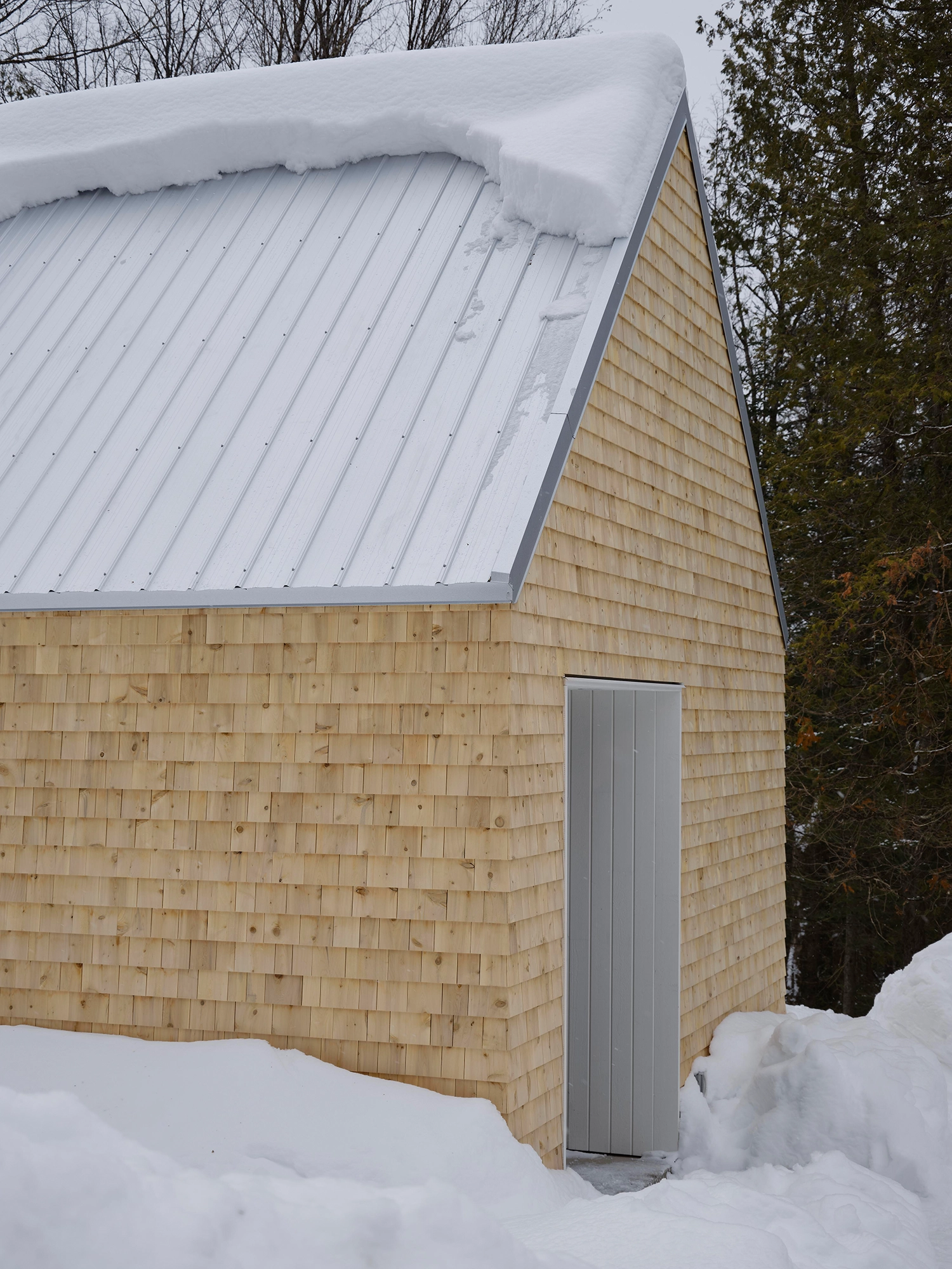 Close-up of a corrugated metal roof and cedar shingle siding meeting a simple vertical door.