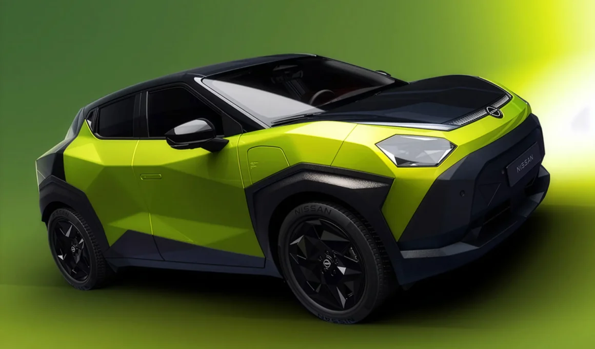 Front three-quarter view of the Nissan Juke EV in lime green and black, featuring low-poly faceted body panels and sharp geometric headlights.