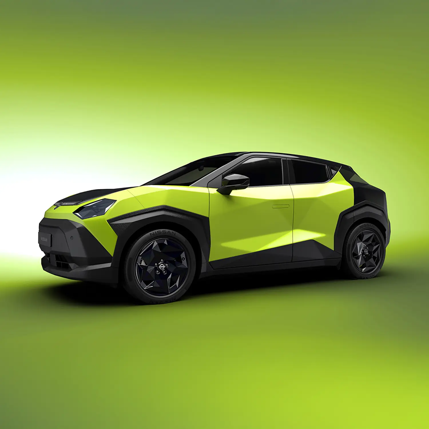 Front-facing perspective of the Nissan Juke EV prototype against a vibrant green gradient background, showing wide black wheel arches and textured rims.