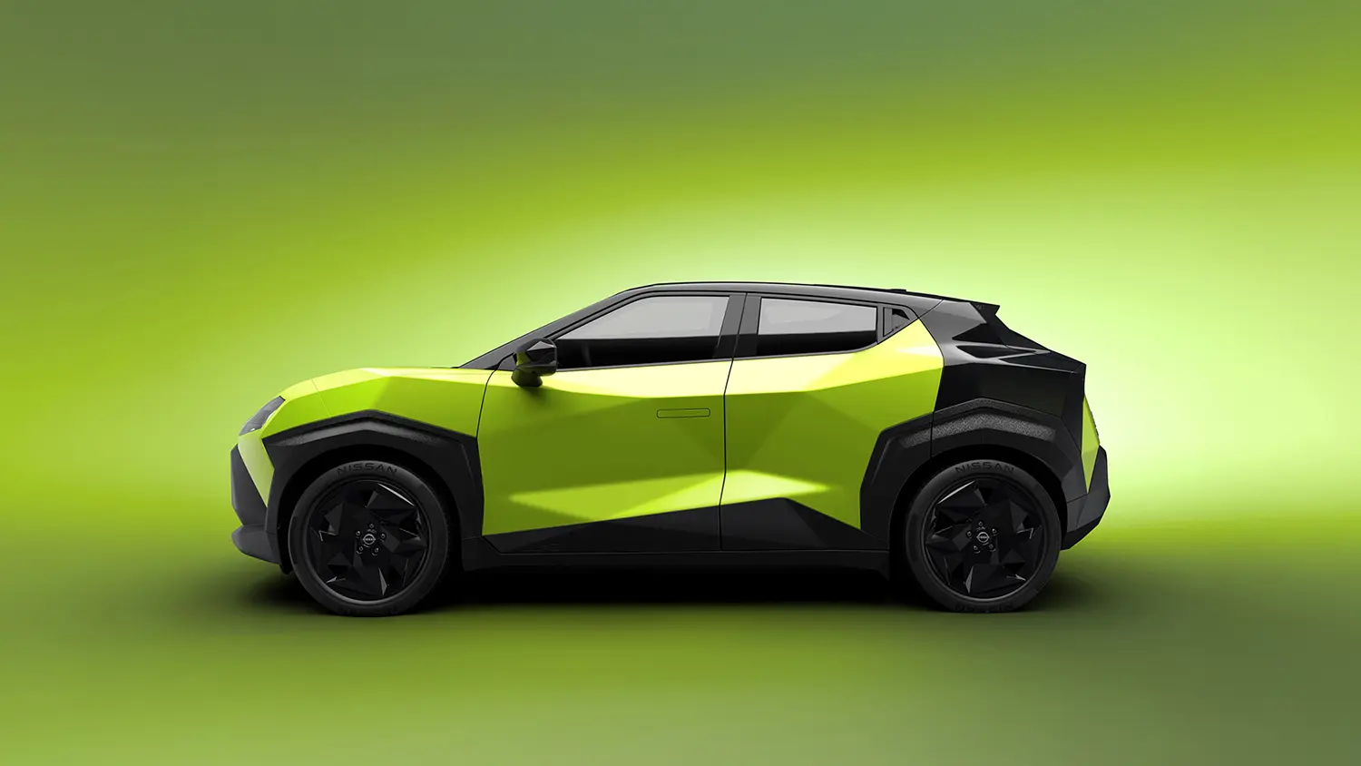 Full side profile of the Nissan Juke EV, illustrating the sharp contrast between the lime green front section and the black rear fastback pillar.