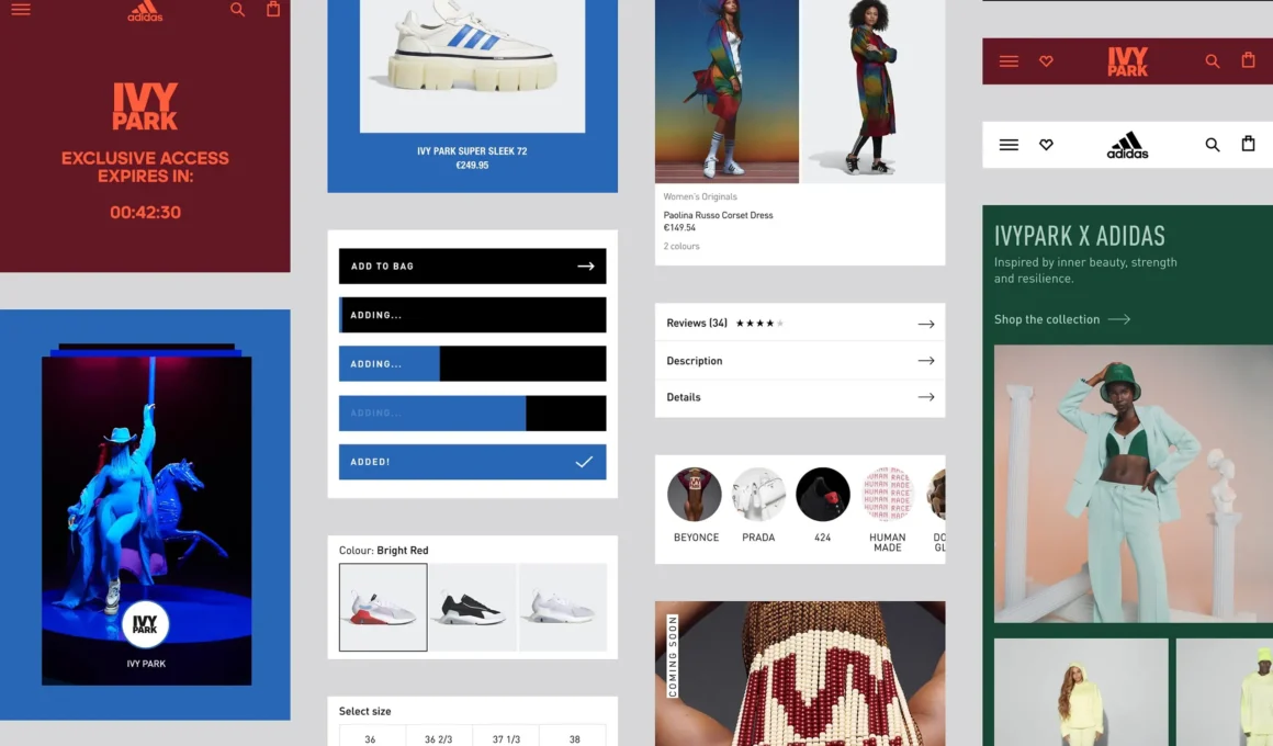 A comprehensive overview of the Adidas x Ivy Park design system, showcasing premium e-commerce UI elements, typography, and high-fidelity brand assets used to build digital trust.