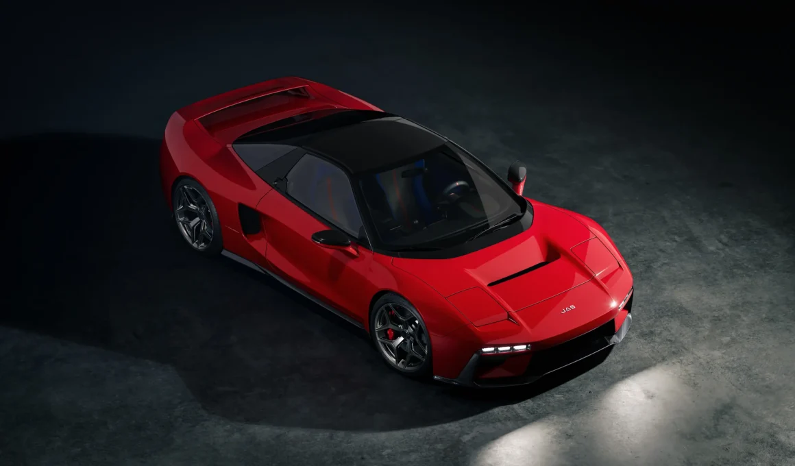 High-angle view of the red Tensei supercar by Pininfarina and JAS Motorsport in a dark studio setting.