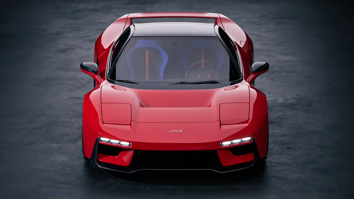 Frontal view of the red Tensei supercar in a studio, showing the wide track and hood vent.