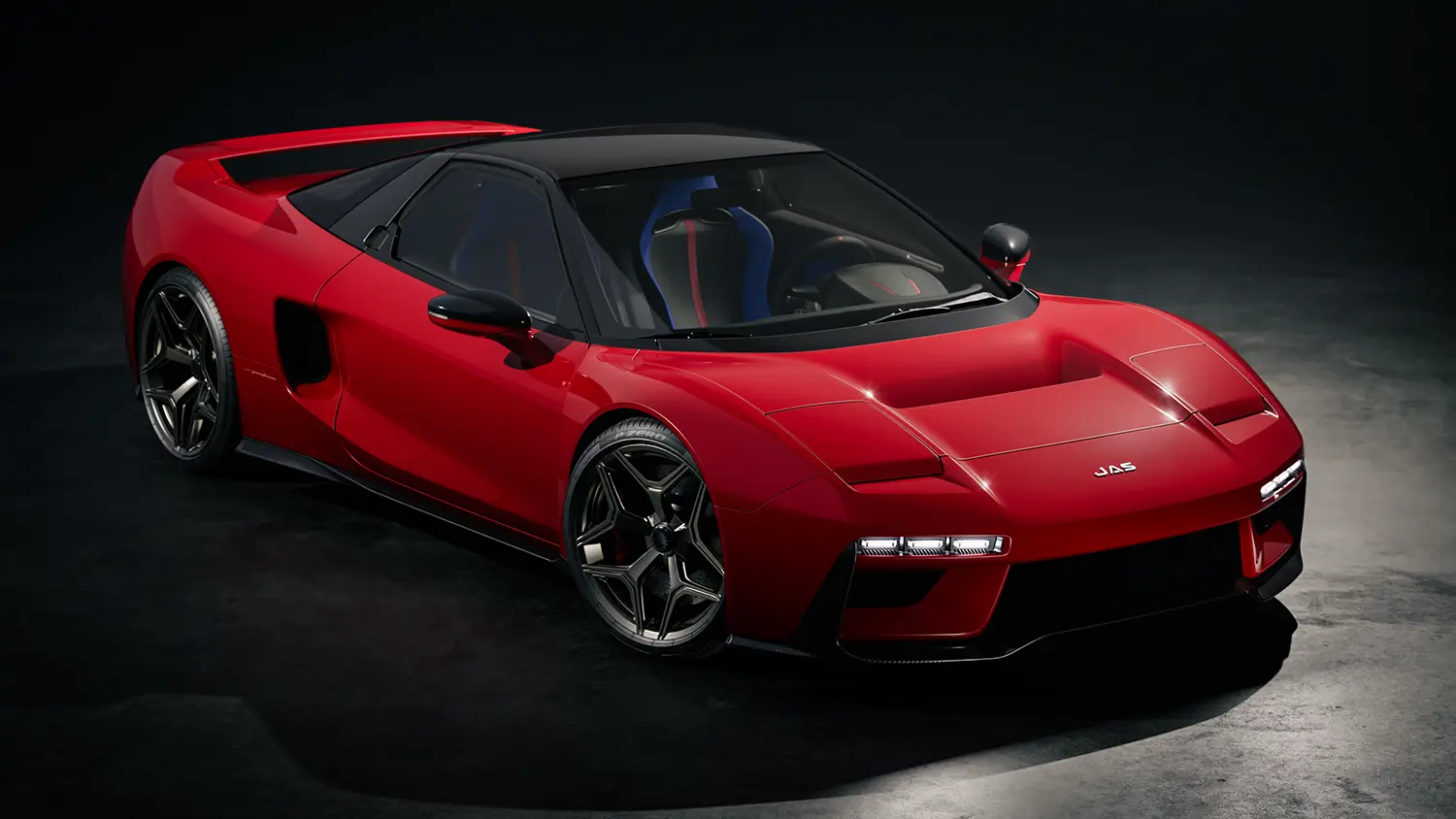 Three-quarter view of the red Tensei supercar with black wheels and blue brake calipers.