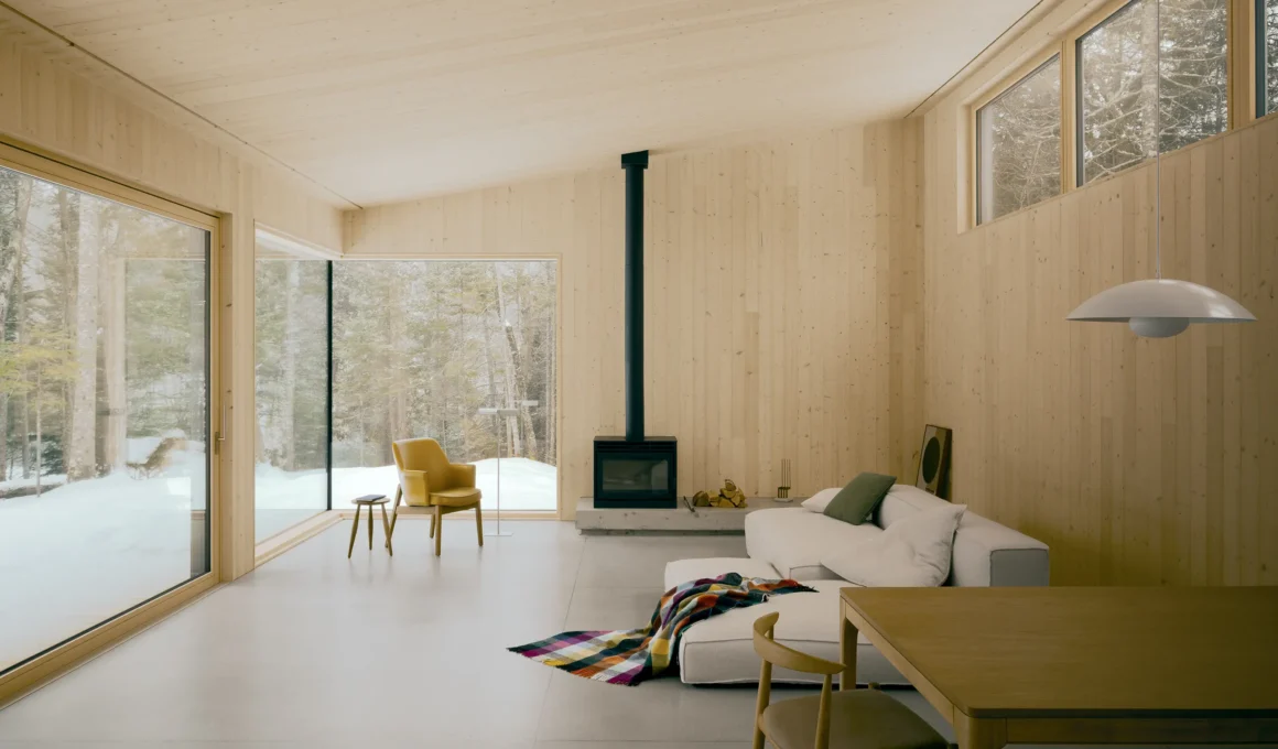 Minimalist living room with light wood walls, concrete floors, and a black fireplace overlooking a snowy forest.