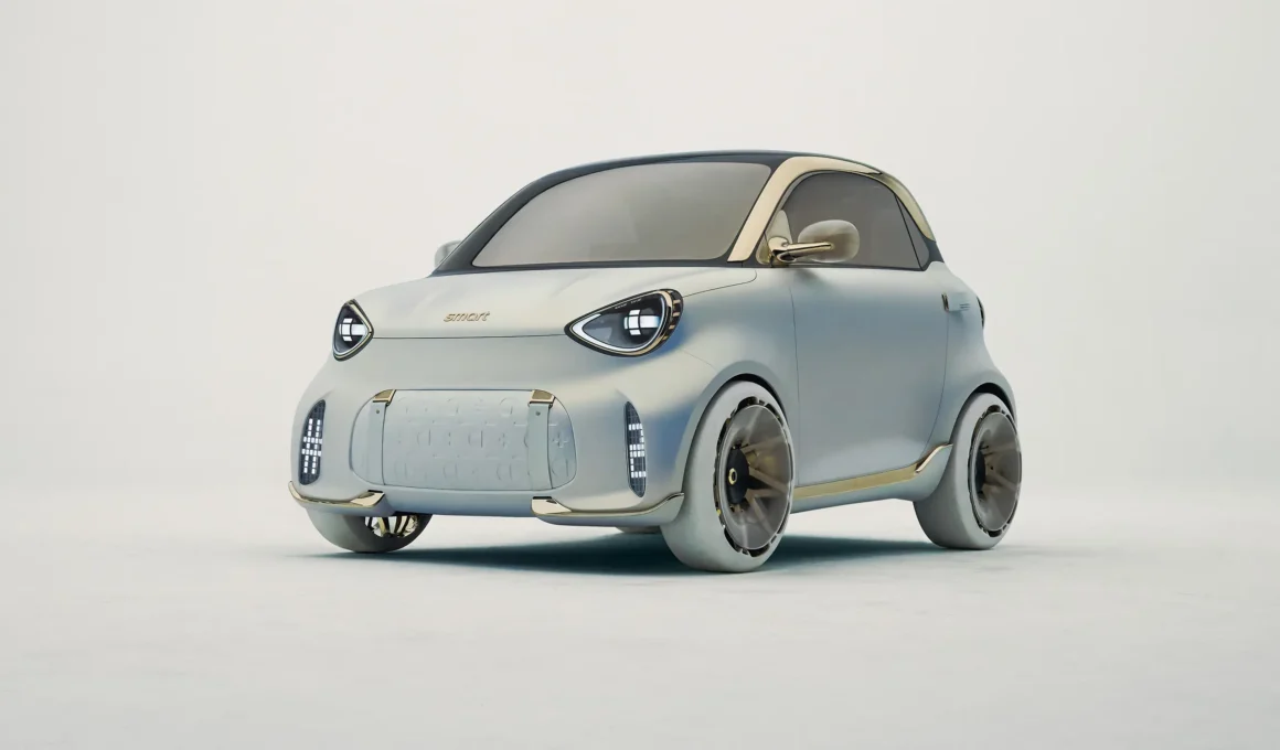A three-quarter front view of the smart Concept #2, a compact all-electric two-seater city car in matte white with warm gold accents.