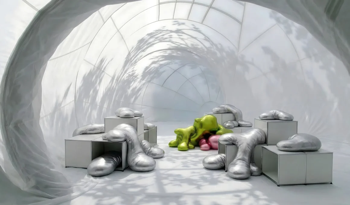 Inside the white textile tunnel of the Renaissance of the Real installation with USM Haller modules and silver organic cushions.