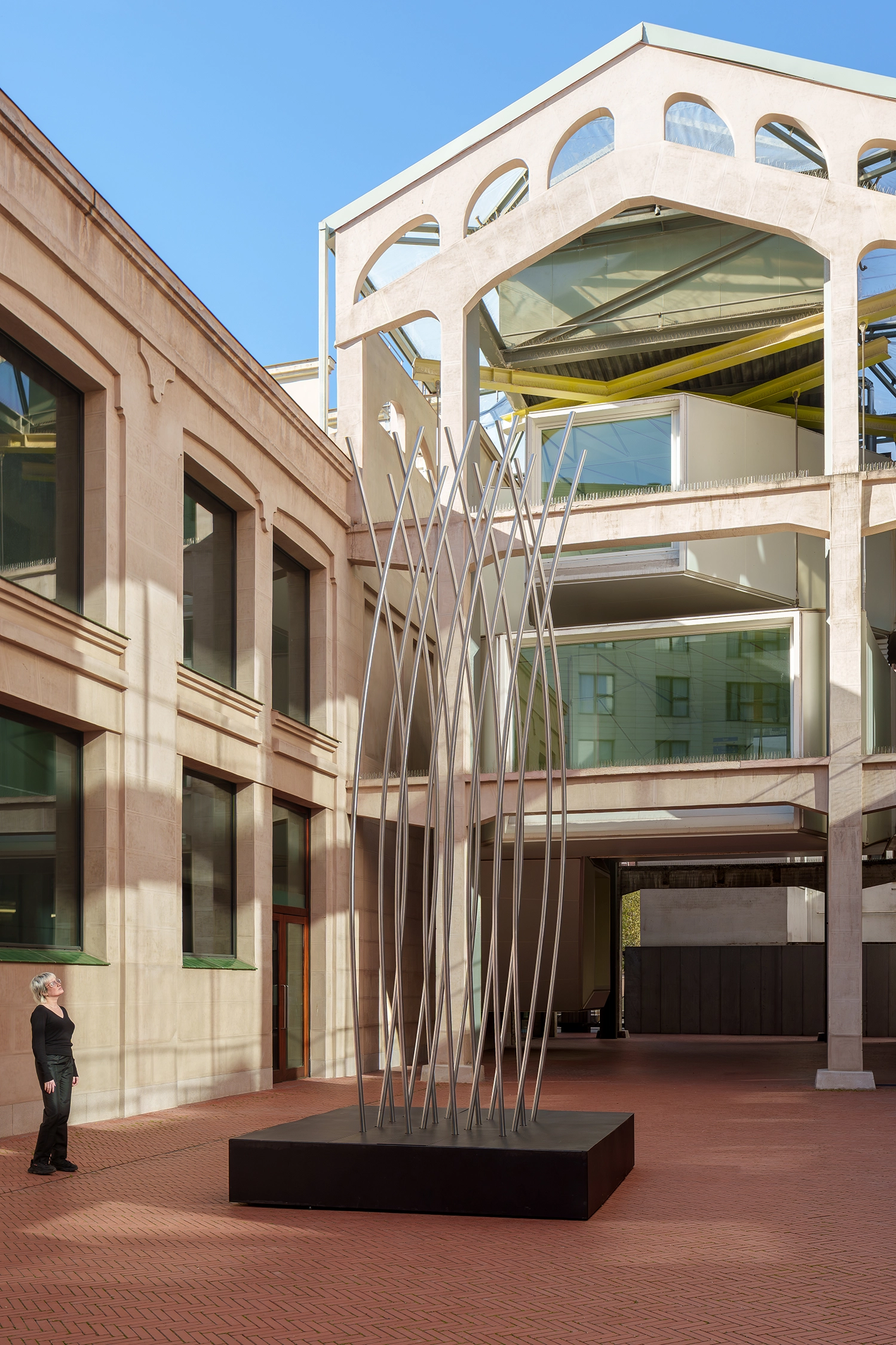Detailed view of the intersecting slats of DISLOCATION by SpY at Serrería Belga.