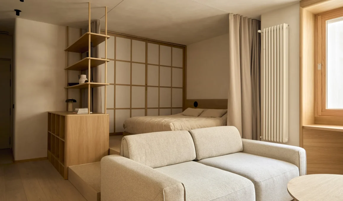 Raised bed platform and oak shelving unit in a minimalist Madrid micro-apartment.