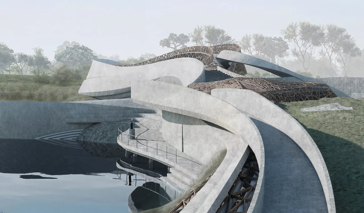 Detailed view of the concrete and lattice structure of The Vessel Type by Ruiting Xu overlooking a body of water.