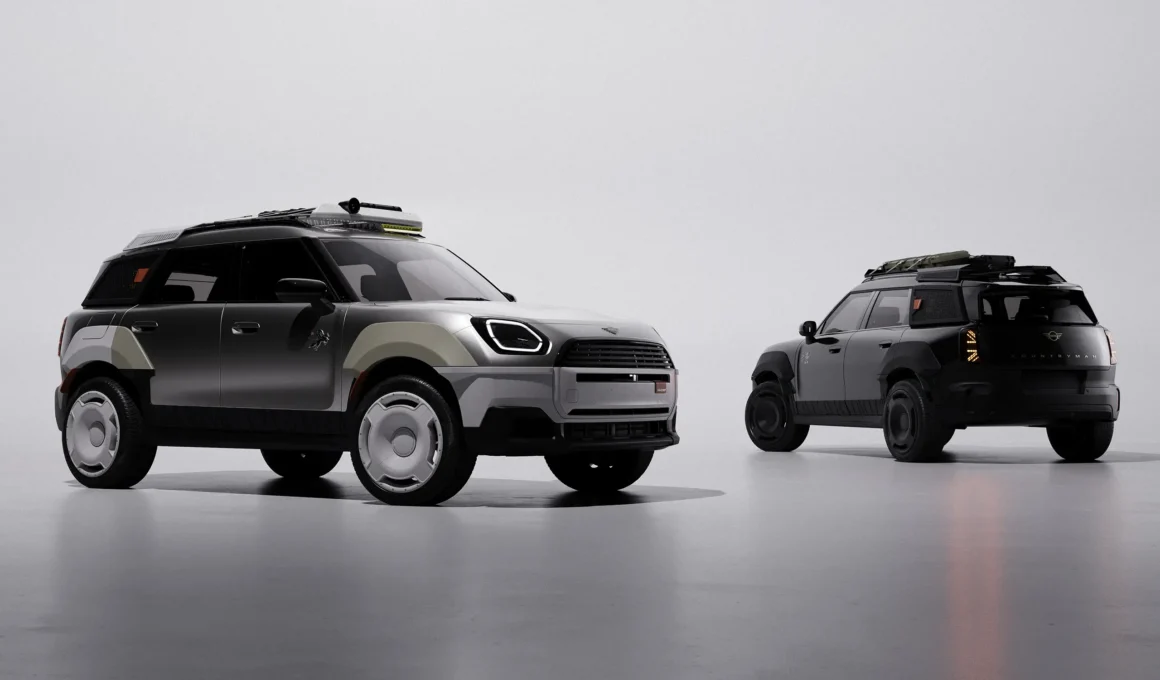 Side profile of two MINI Countryman one-off cars by Vagabund in Melting Silver and Midnight Black.