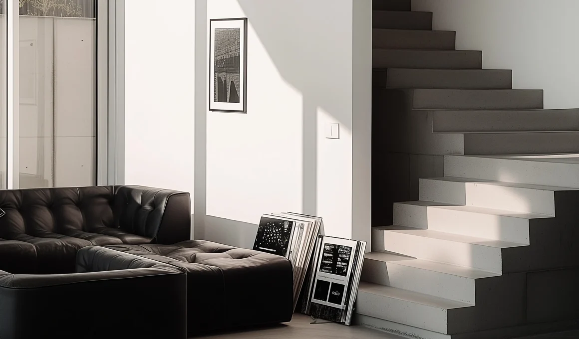 Contemporary living room showing visual weight with a black tufted sofa and a minimalist white concrete staircase under sharp natural light shadows.