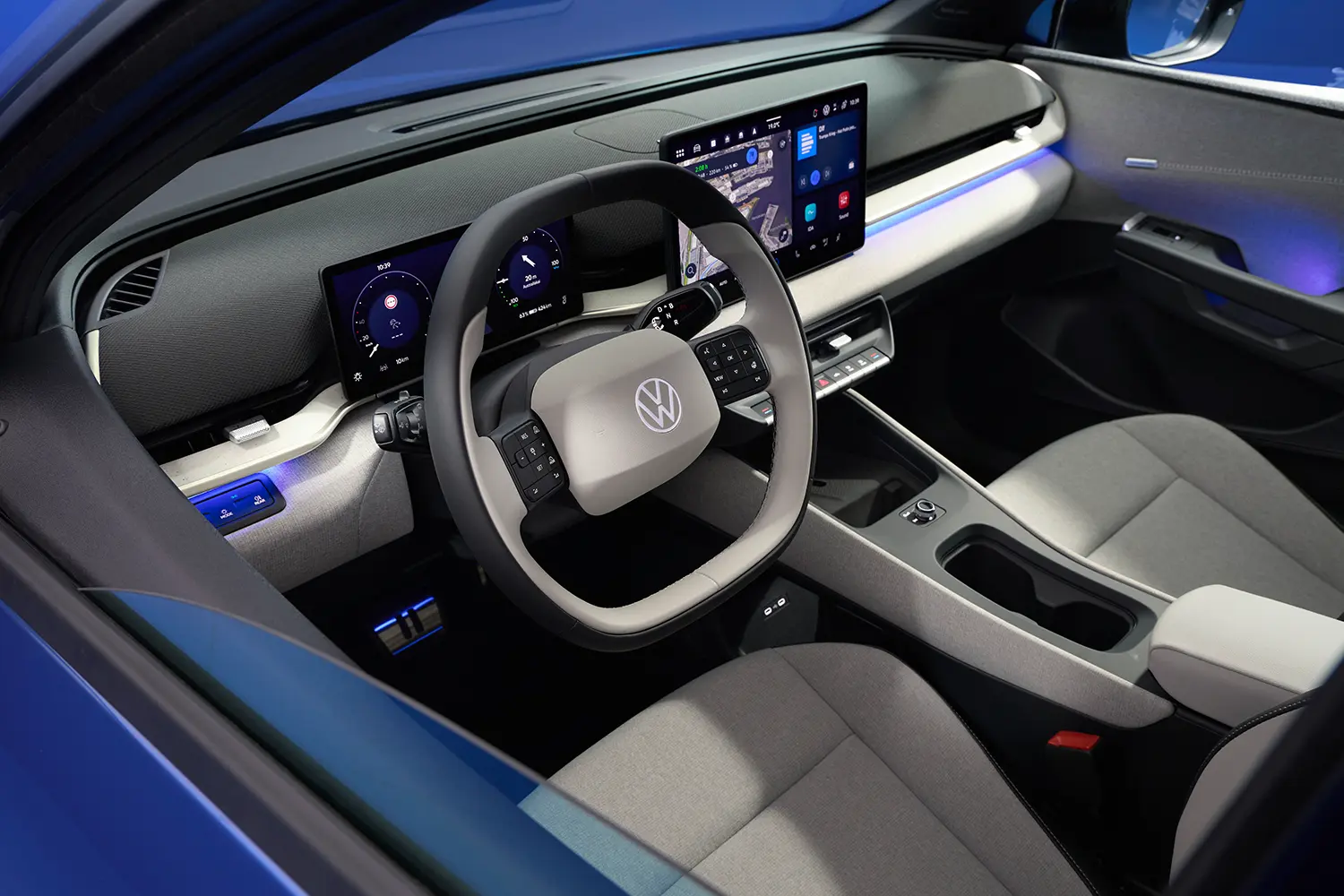 High-angle view of the ID. Polo cockpit and steering wheel.