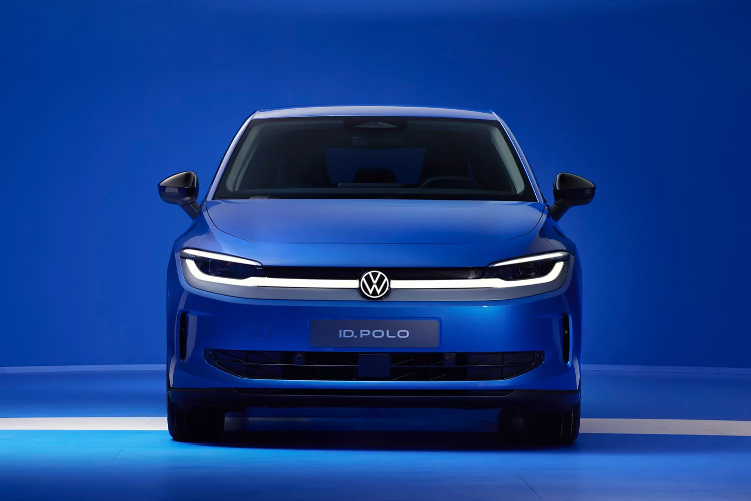 Direct front view of the blue ID. Polo highlighting the LED light strip.