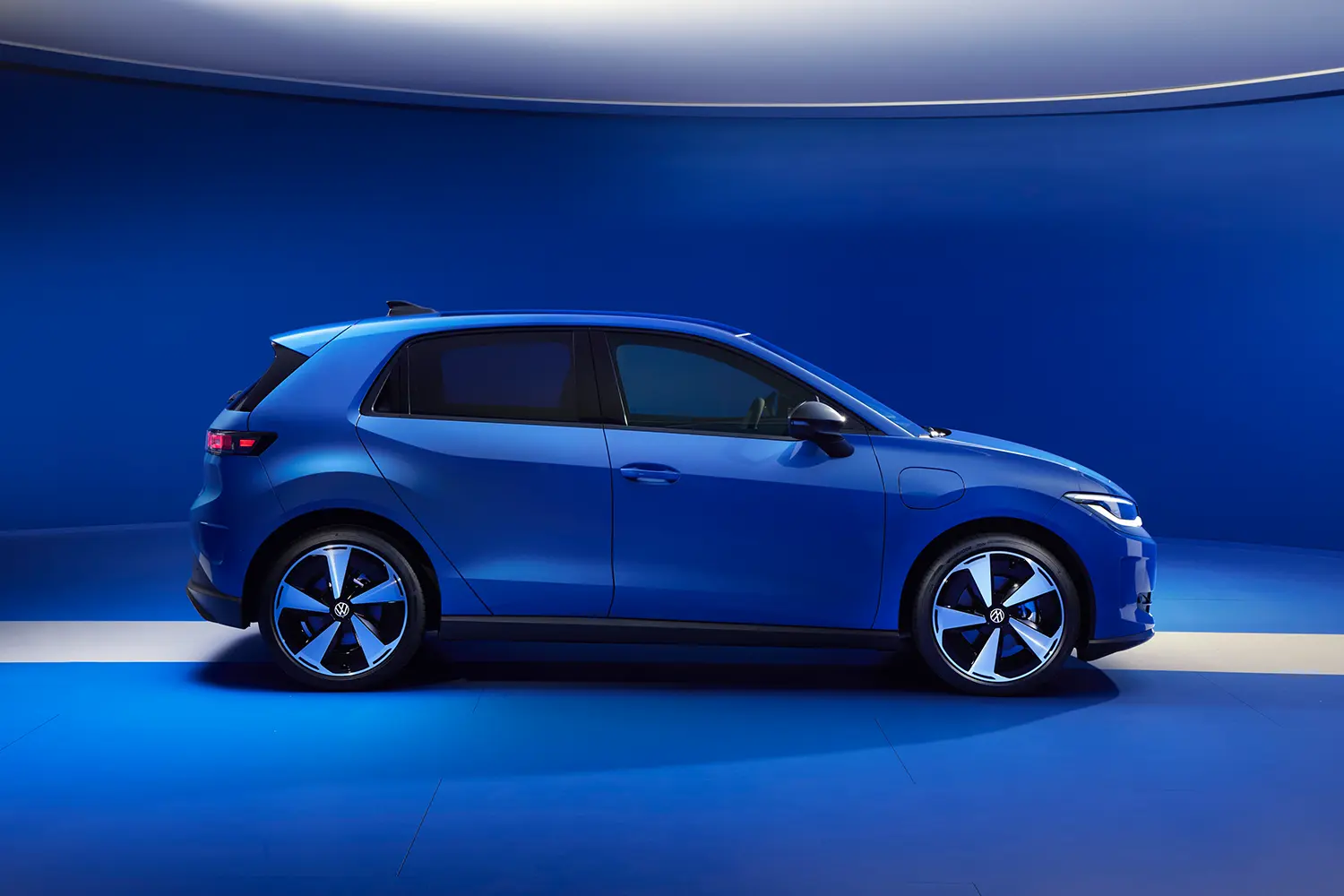 Direct side profile view of the blue Volkswagen ID. Polo.