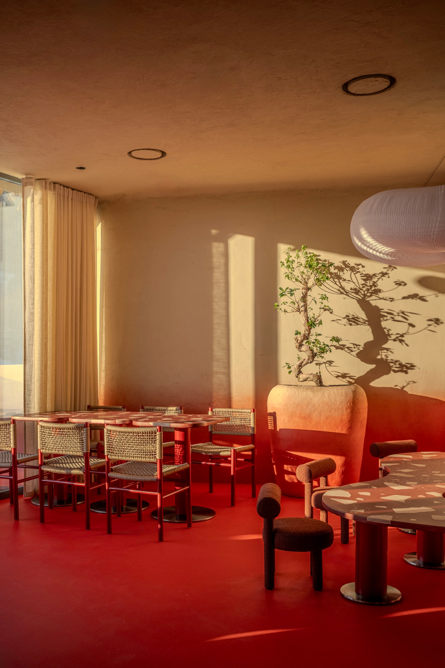 Children's area at Rosso with biomorphic furniture and a large potted tree.