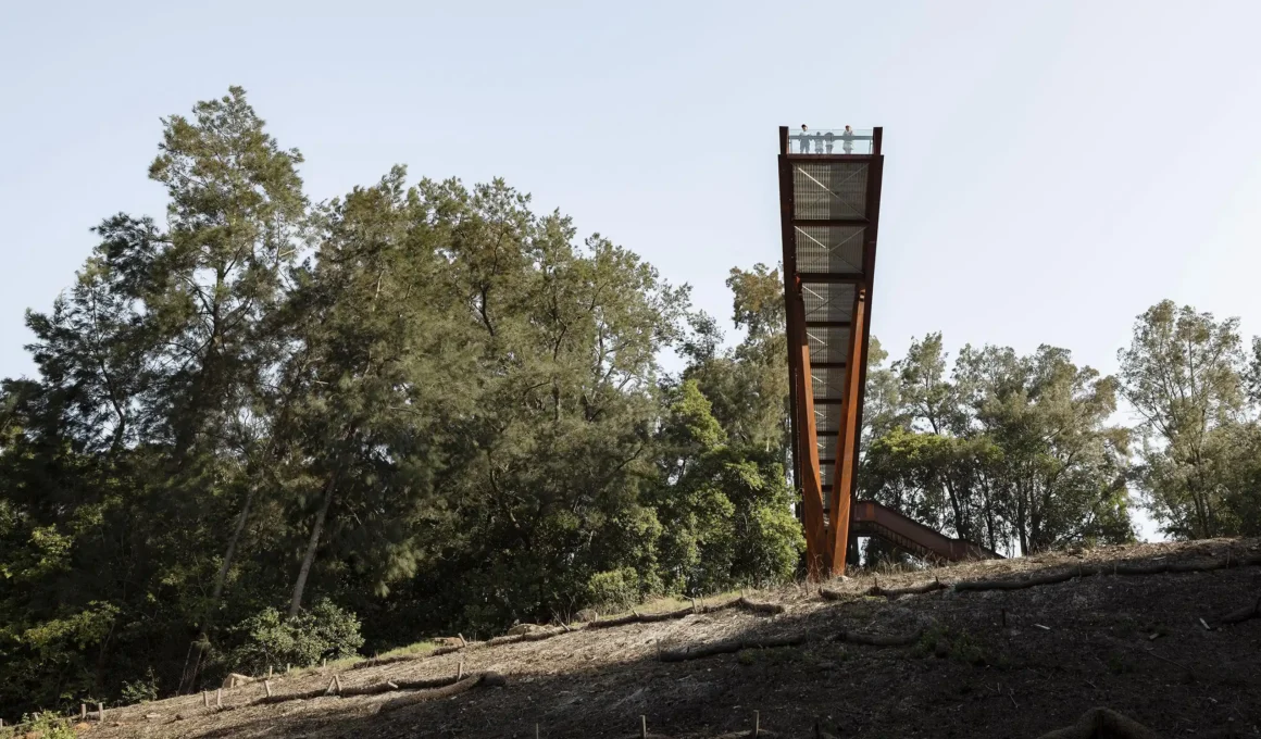 Low-angle view of the Southern Lookout by AJC Architects, showing the 42-metre weathering steel platform projecting over a sloping embankment.