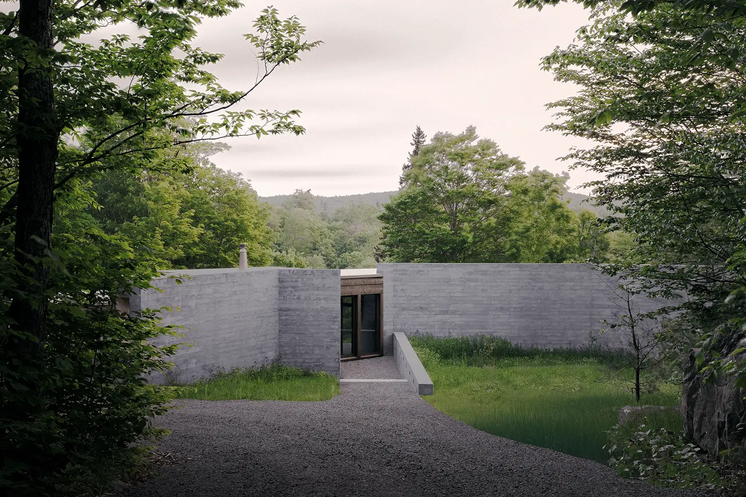 Atelier Carle SONO Residence three concrete approach walls narrow entrance gap gravel path Quebec 2025