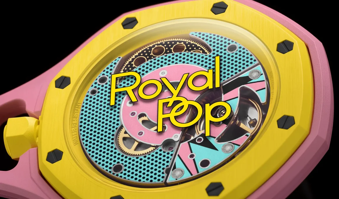 Close-up of the Royal Pop transparent caseback showing internal gears and yellow logo.