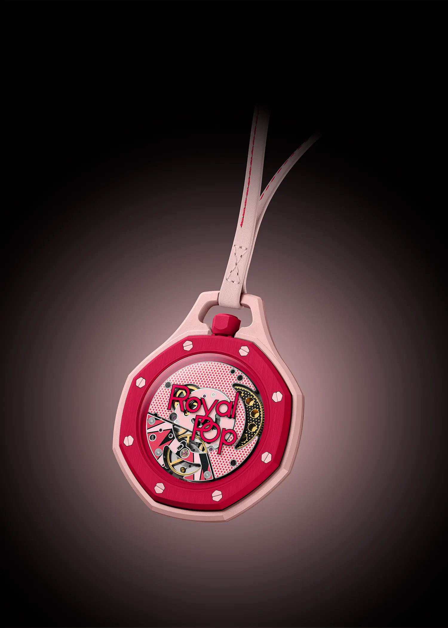 Pink and red Royal Pop pocket watch suspended from a matching calfskin lanyard.