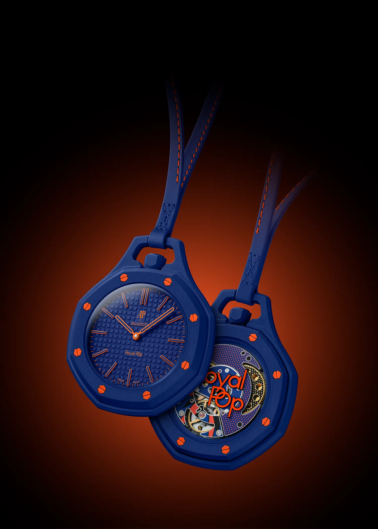 Front and back views of the blue Royal Pop model showing the textured dial and movement.
