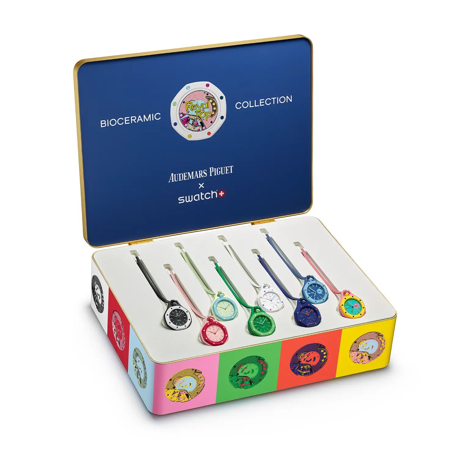 Presentation box containing all eight colorful models of the Royal Pop collection.