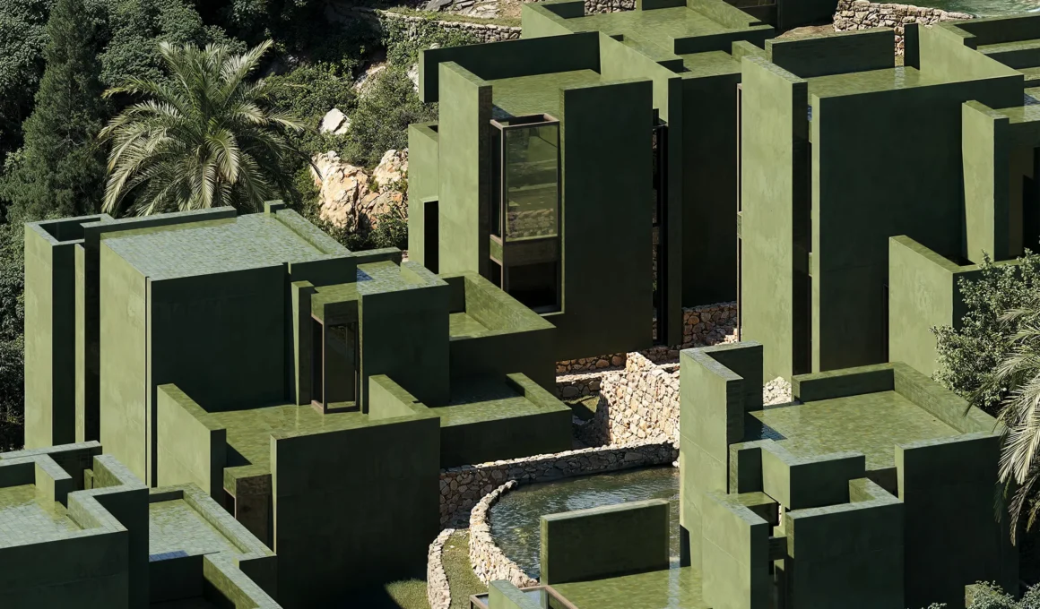 Close-up of green geometric villas with tiled rooftops at The Veil resort by Bofill Taller de Arquitectura.
