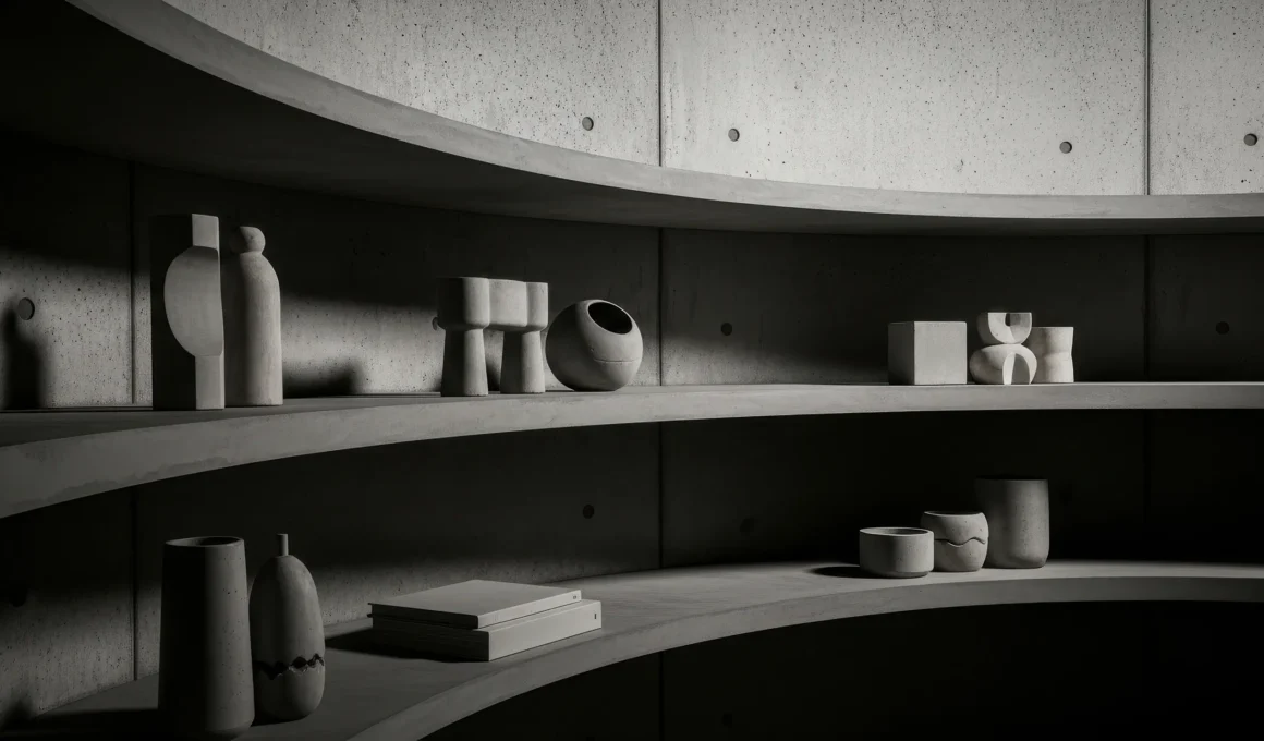 Minimalist curved concrete shelving unit displaying contemporary ceramic sculptures, brutalist vases, and design books under dramatic shadows.