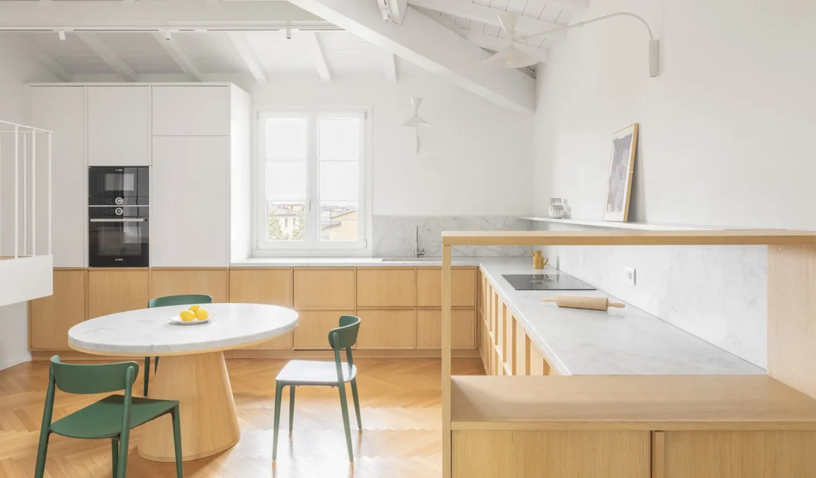 bucci quentin Arcipressi Florence villa renovation, kitchen with oak joinery, Carrara marble countertop, herringbone parquet, white painted timber roof structure