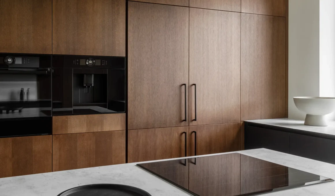 Built-in ovens integrated into dark wood custom cabinetry in a luxury kitchen remodel.